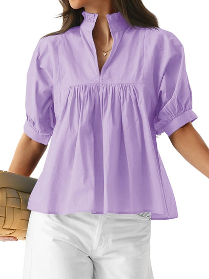 Women's Puff Sleeve V Neck Casual Pleated Tops