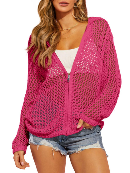 Limited time sale🔥Womens Crochet Lightweight Cardigans Zip Up Hooded Cover Up