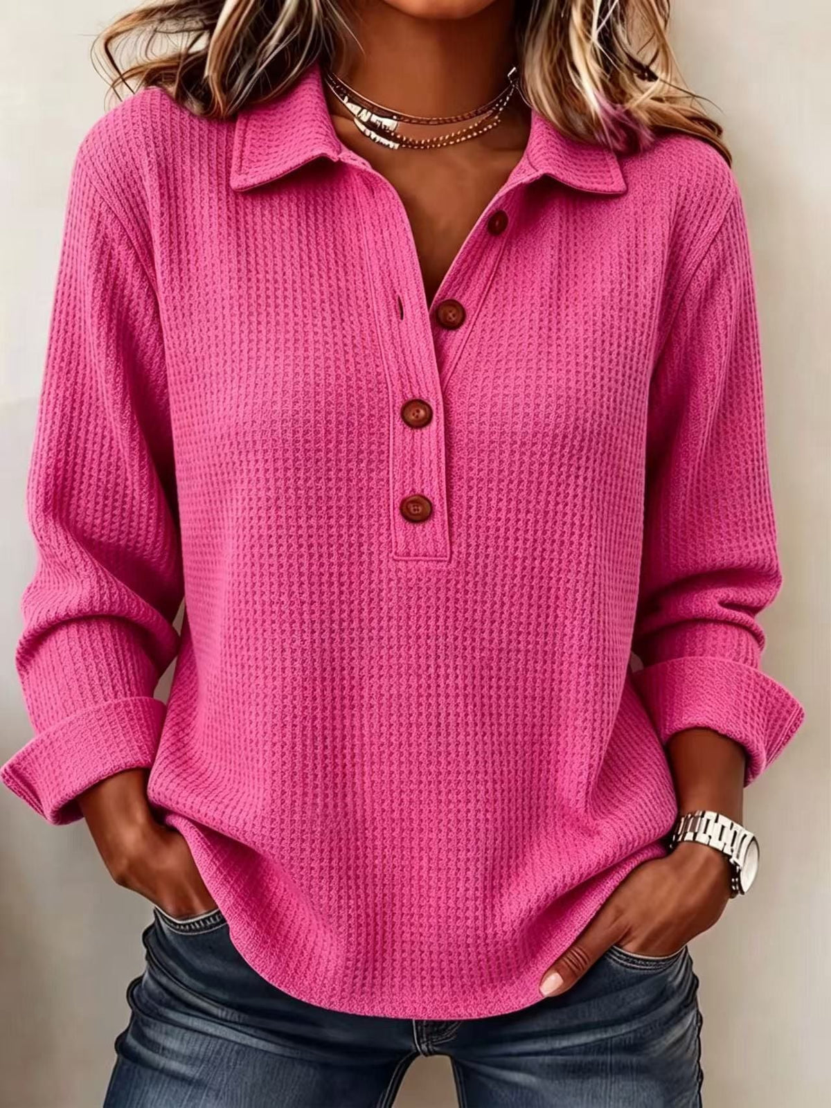 Women's Waffle Lapel Half Button Long Sleeve Top