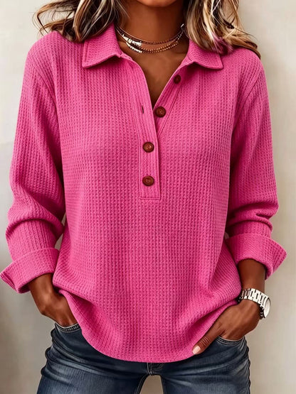 Women's Waffle Lapel Half Button Long Sleeve Top