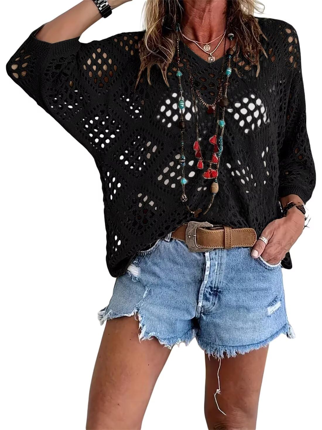 Women's Bohemian-Inspired Beige Crochet Top with V-Neck(Buy 2 Free Shipping)