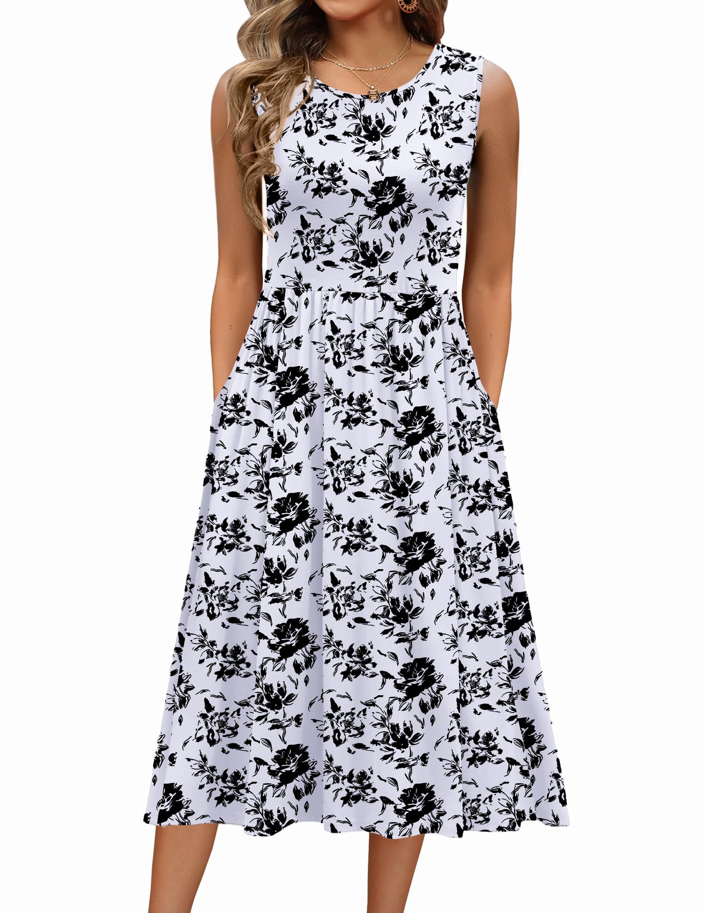 Women's Summer Floral Sleeveless A-Line Tank Midi Dress with Pockets