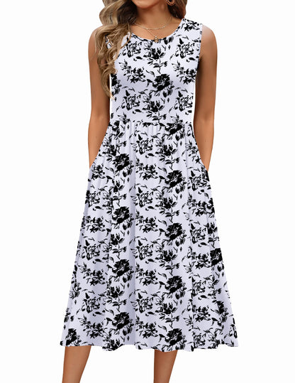 Women's Summer Floral Sleeveless A-Line Tank Midi Dress with Pockets