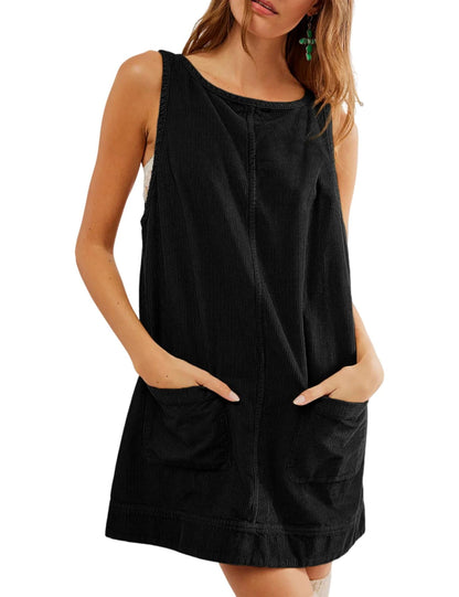 Hot Sale-Women's Round Neck Corduroy Overall Dress