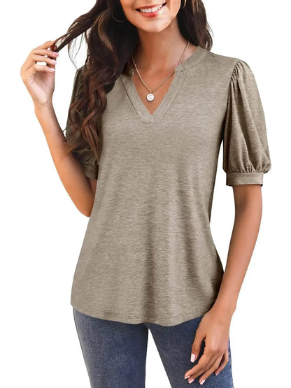 Women's Casual V-neck Solid Color Puff Sleeve Loose T-Shirt