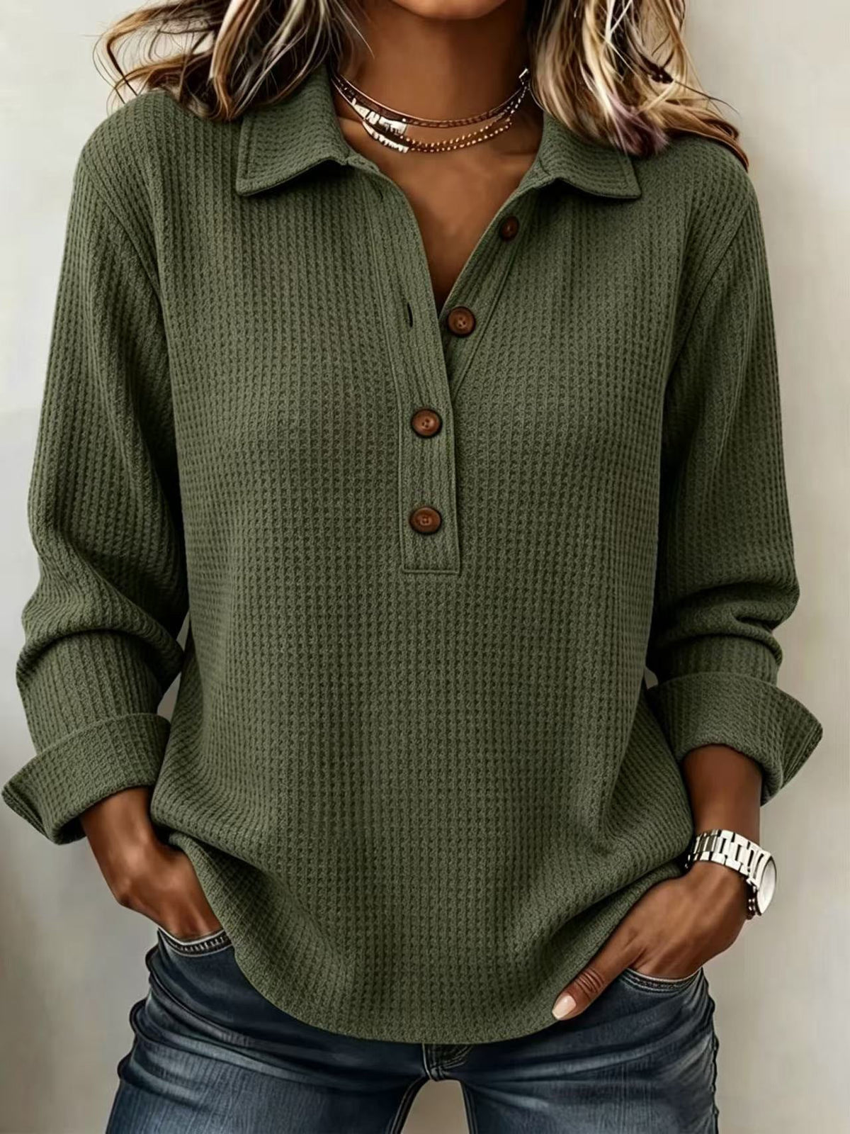 Women's Waffle Lapel Half Button Long Sleeve Top