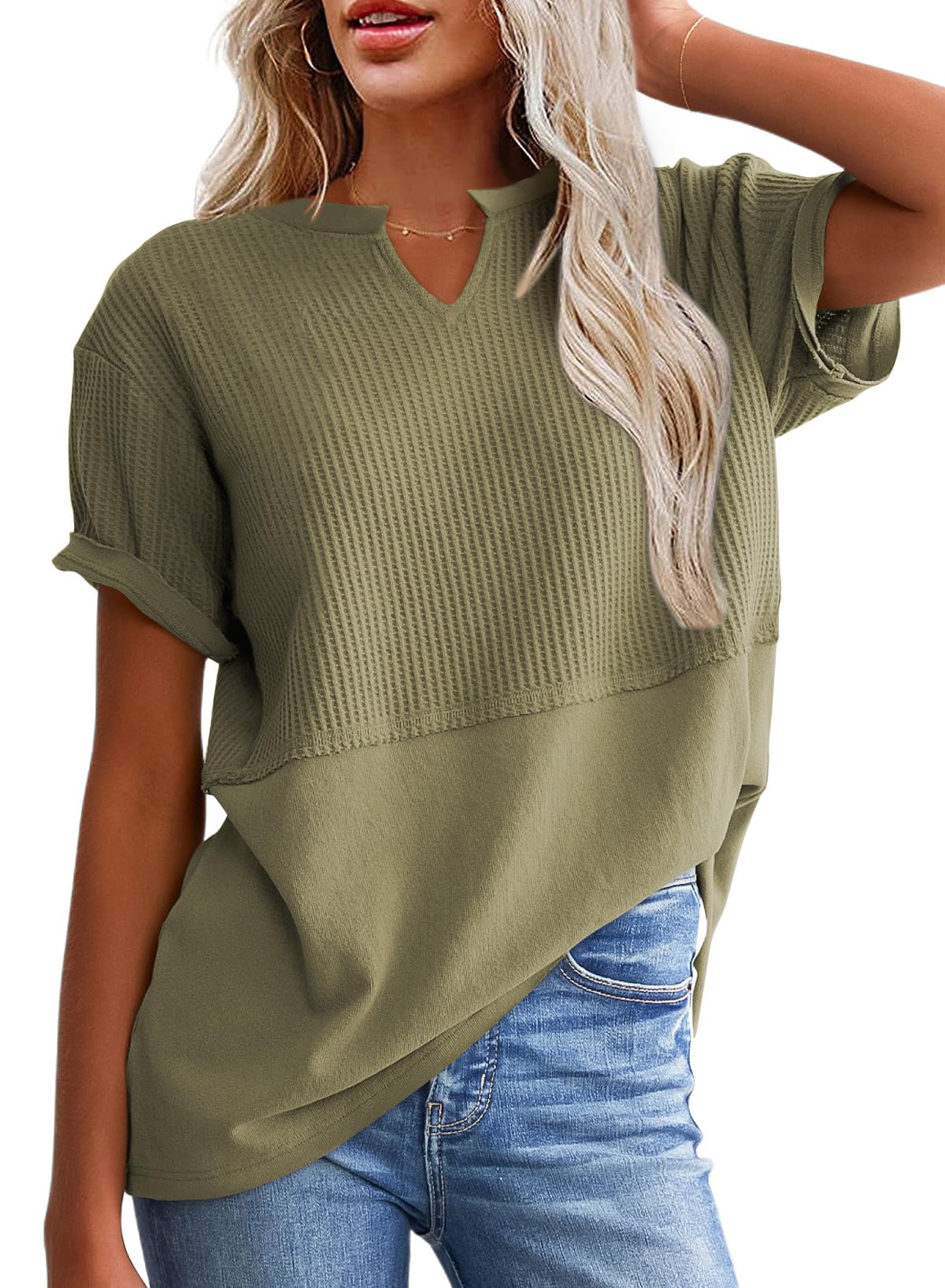 Hot Sale-Women's Casual V Neck Waffle Knit Tops Short Sleeve T Shirts