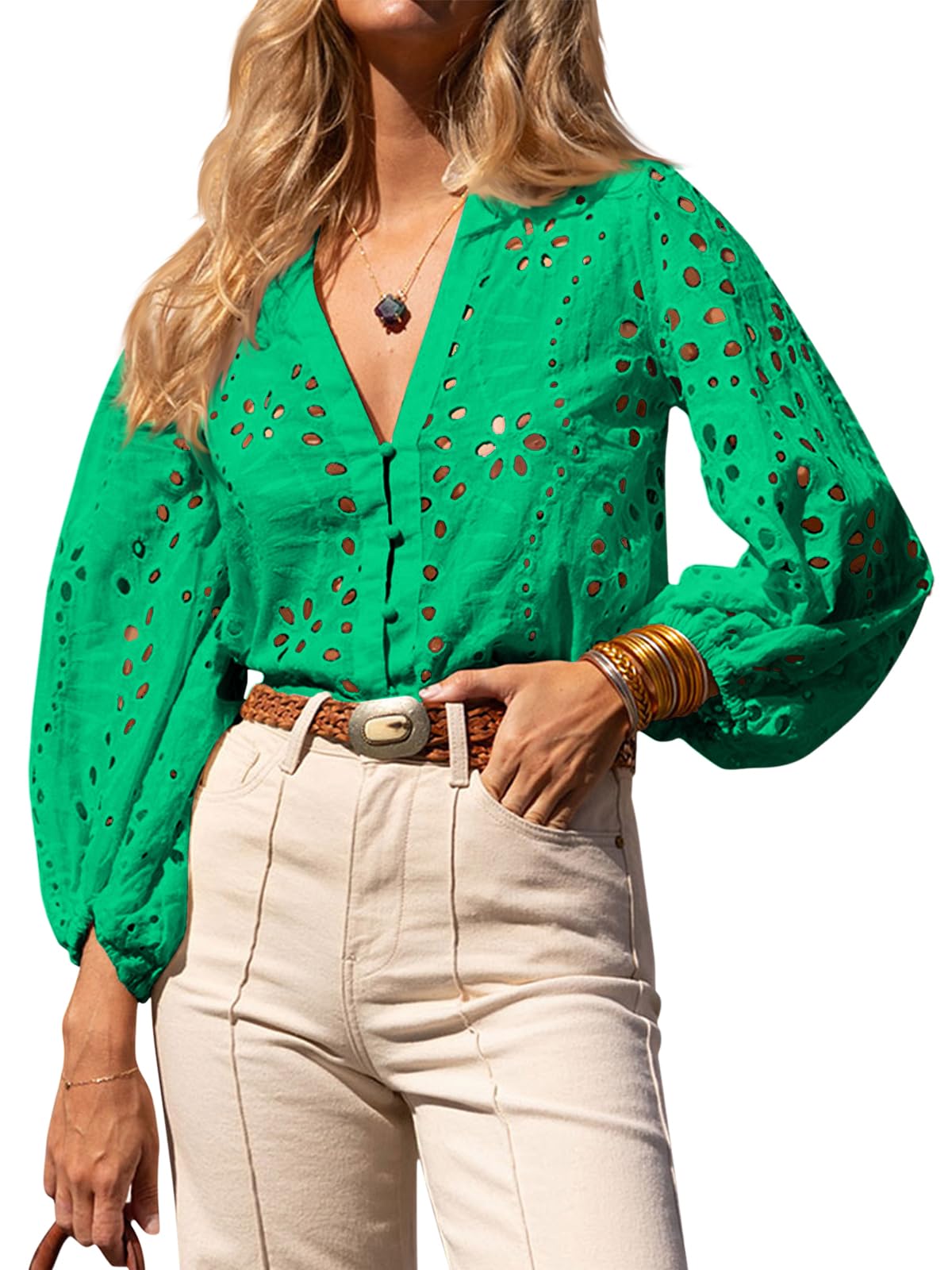 Womens Summer Deep V Neck Eyelet Blouses Casual 3/4 Balloon Sleeve Button Down Shirts