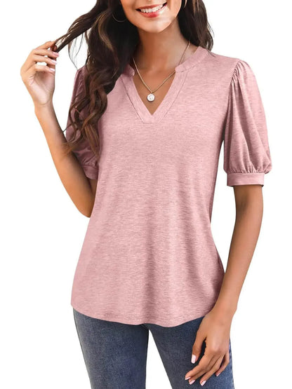Women's Casual V-neck Solid Color Puff Sleeve Loose T-Shirt