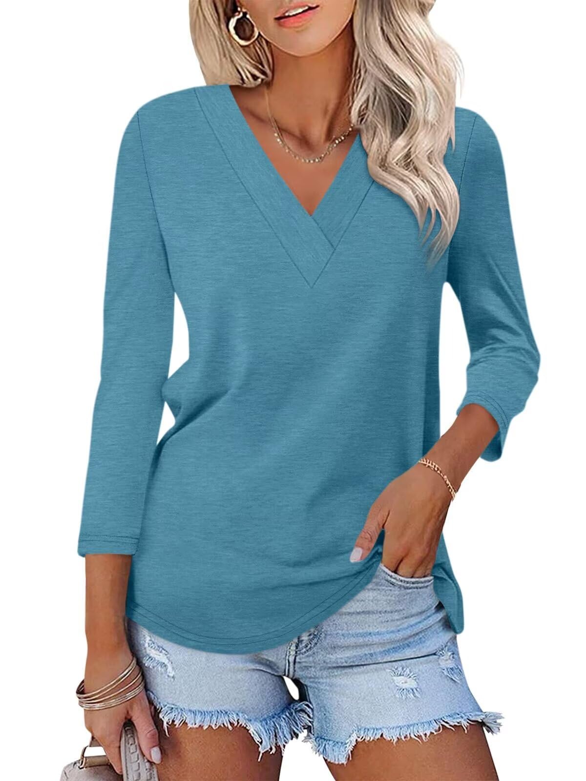Women's 3/4 Length Sleeves V Neck Basic Tops (Buy 3 Free Shipping)
