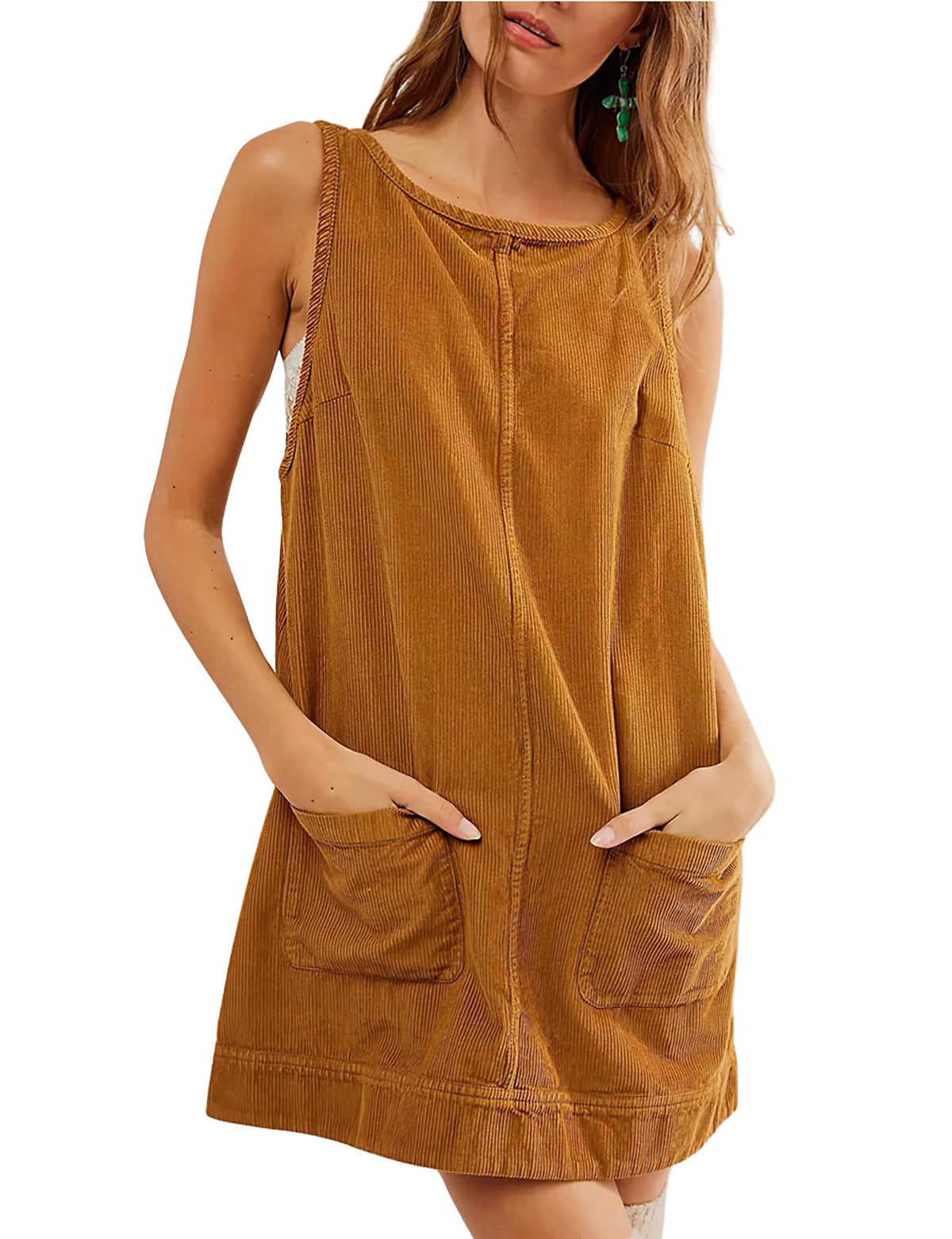 Hot Sale-Women's Round Neck Corduroy Overall Dress