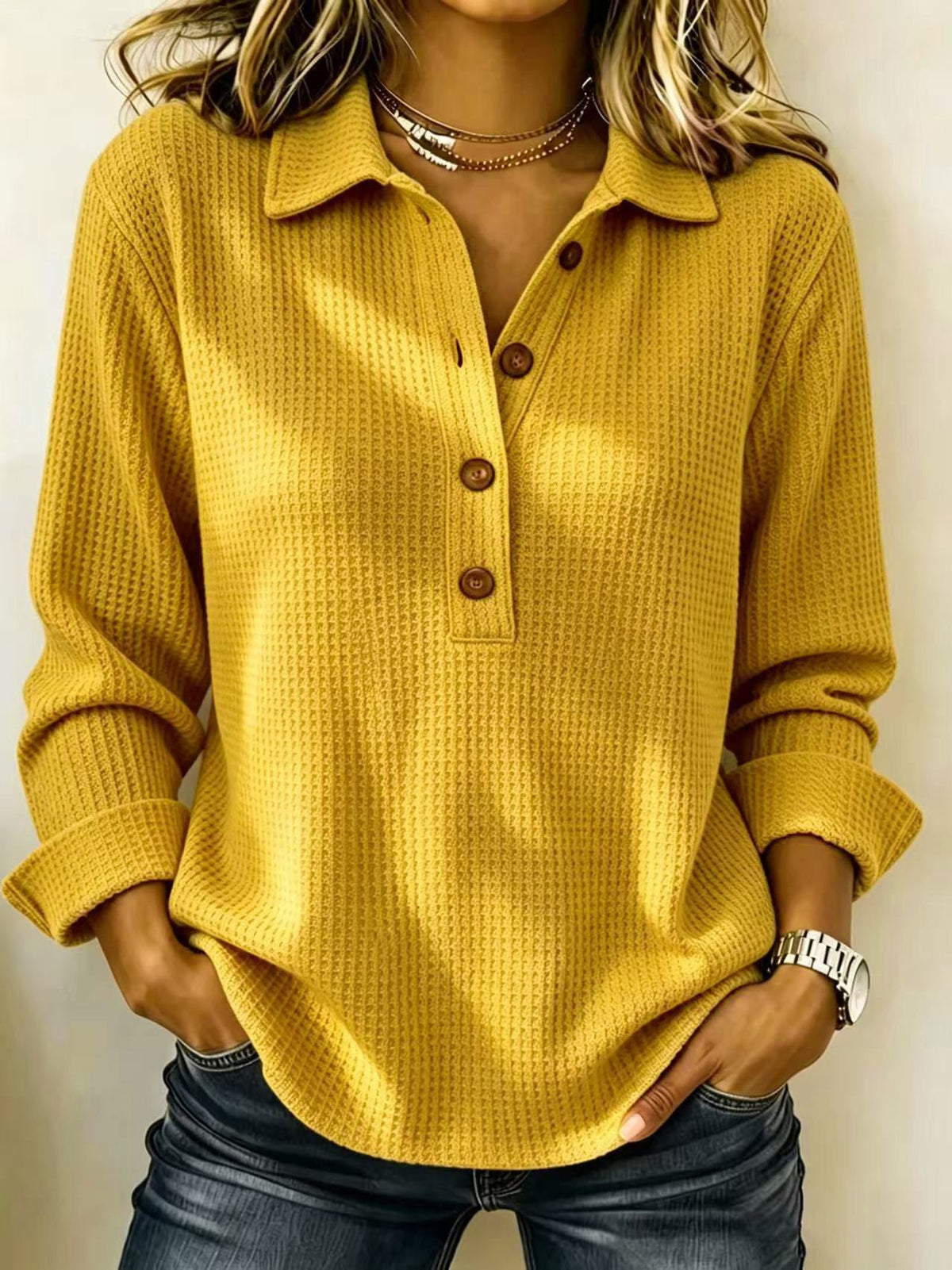 Women's Waffle Lapel Half Button Long Sleeve Top