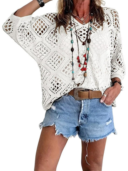 Women's Bohemian-Inspired Beige Crochet Top with V-Neck(Buy 2 Free Shipping)