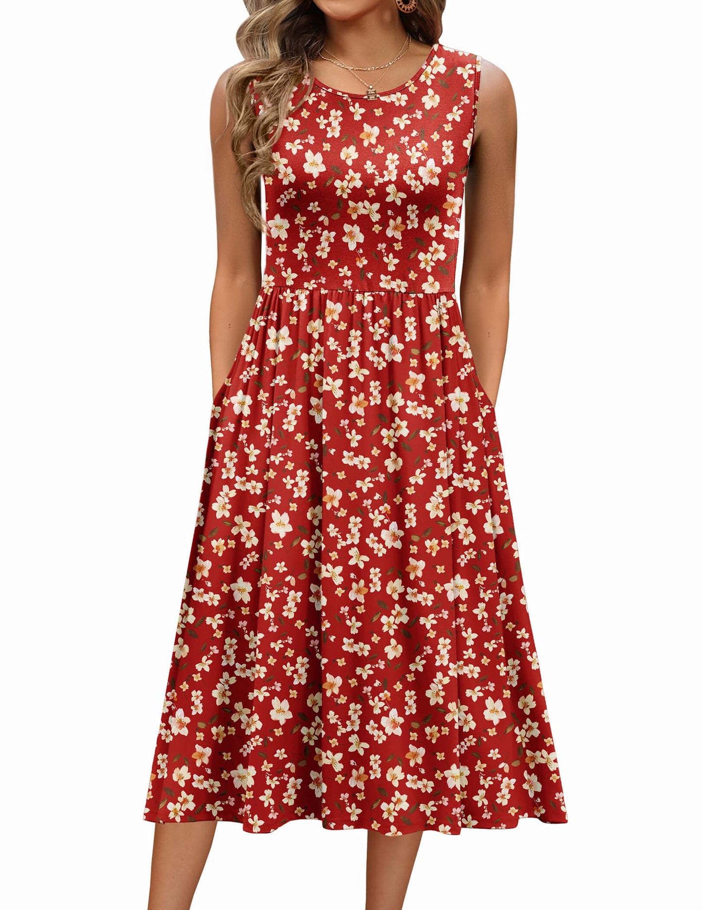 Women's Summer Floral Sleeveless A-Line Tank Midi Dress with Pockets