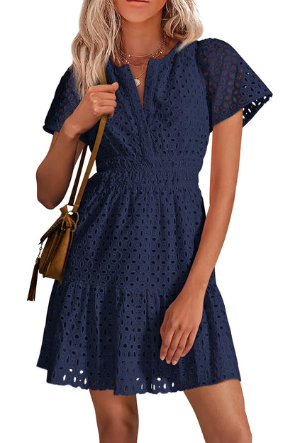 ⏰Hot Sale-Women's V Neck A Line Hollow Out Lace Dress