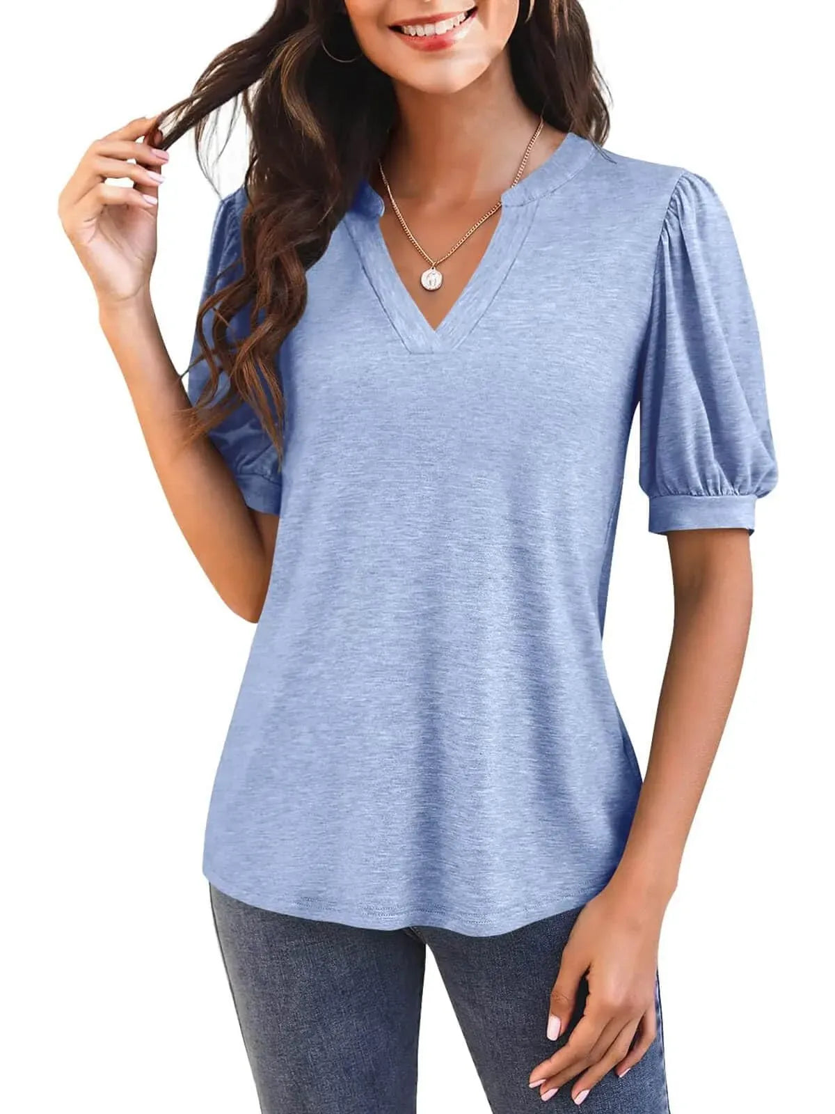Women's Casual V-neck Solid Color Puff Sleeve Loose T-Shirt