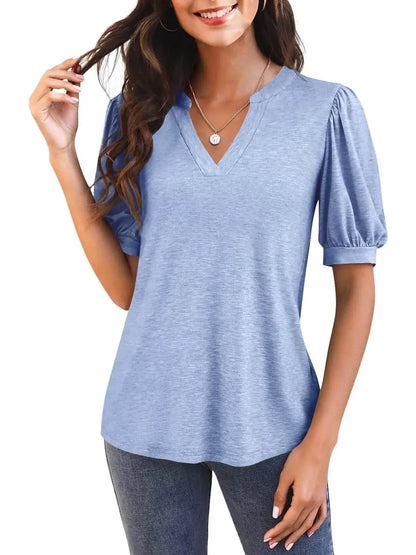 Women's Casual V-neck Solid Color Puff Sleeve Loose T-Shirt