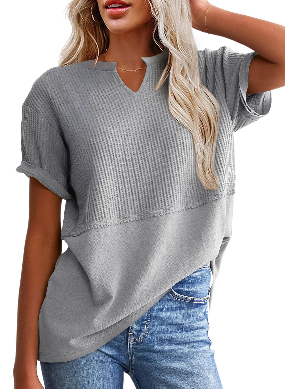 Hot Sale-Women's Casual V Neck Waffle Knit Tops Short Sleeve T Shirts