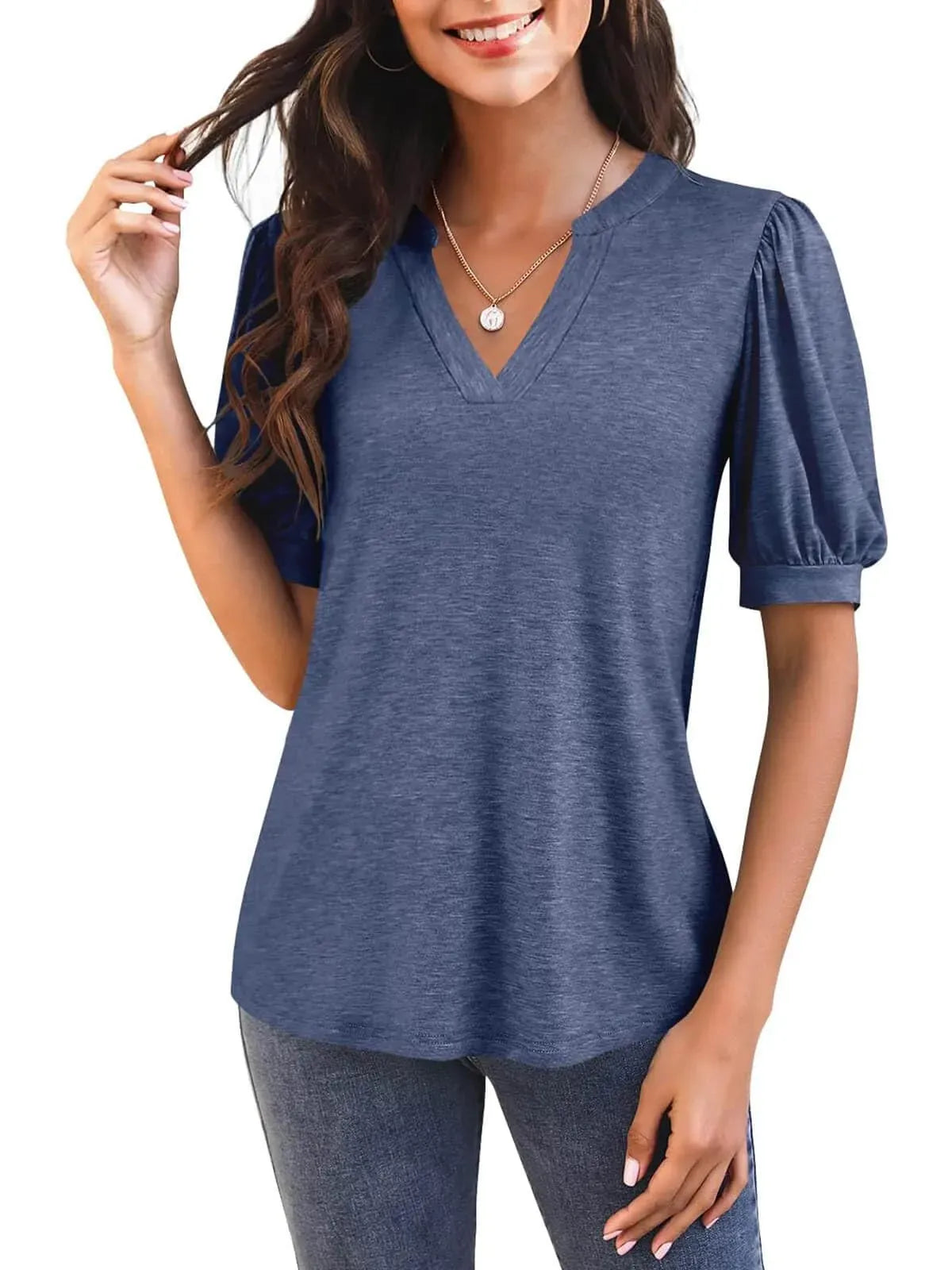 Women's Casual V-neck Solid Color Puff Sleeve Loose T-Shirt