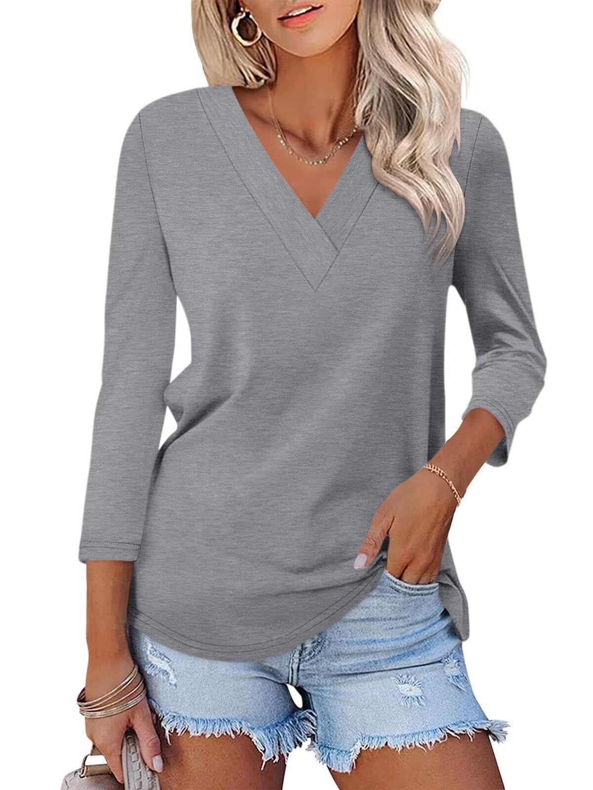 Women's 3/4 Length Sleeves V Neck Basic Tops (Buy 3 Free Shipping)