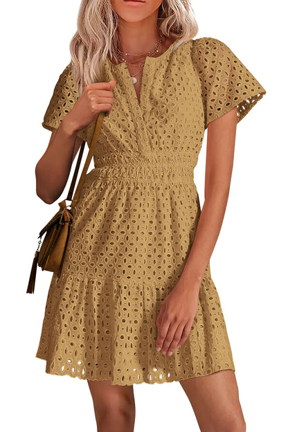 ⏰Hot Sale-Women's V Neck A Line Hollow Out Lace Dress