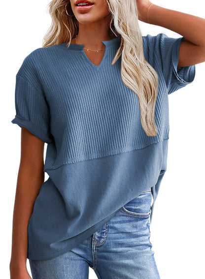 Hot Sale-Women's Casual V Neck Waffle Knit Tops Short Sleeve T Shirts