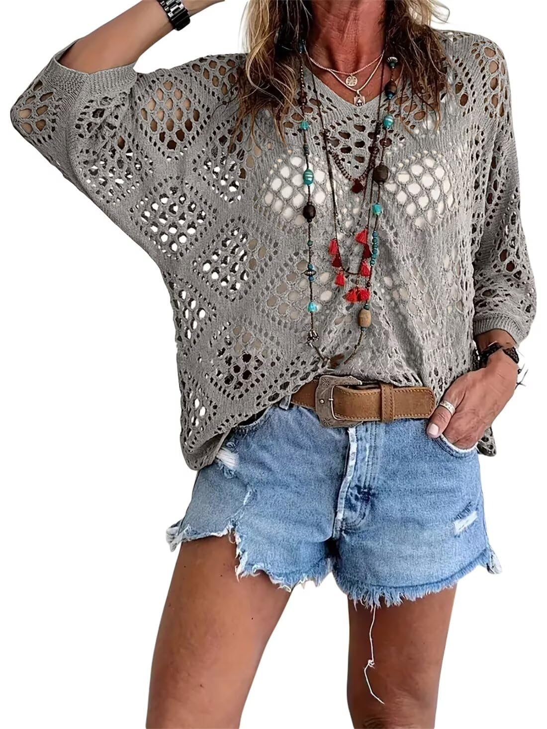 Women's Bohemian-Inspired Beige Crochet Top with V-Neck(Buy 2 Free Shipping)