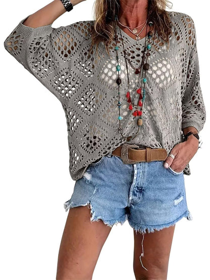 Women's Bohemian-Inspired Beige Crochet Top with V-Neck(Buy 2 Free Shipping)