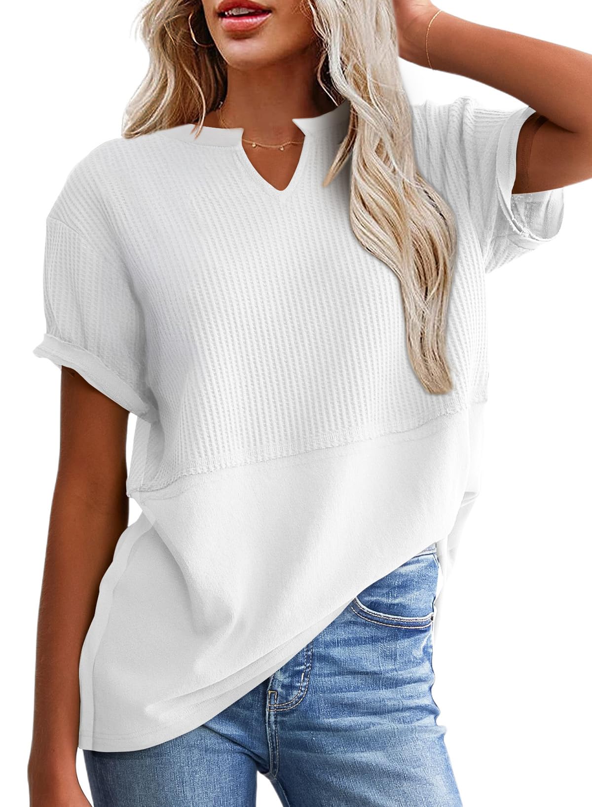 Hot Sale-Women's Casual V Neck Waffle Knit Tops Short Sleeve T Shirts