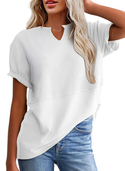 Hot Sale-Women's Casual V Neck Waffle Knit Tops Short Sleeve T Shirts