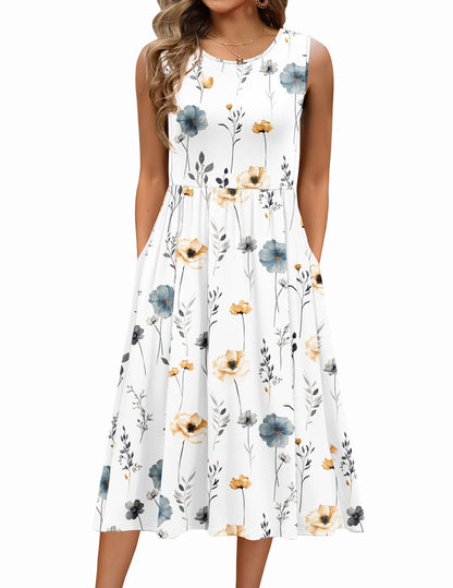 Women's Summer Floral Sleeveless A-Line Tank Midi Dress with Pockets