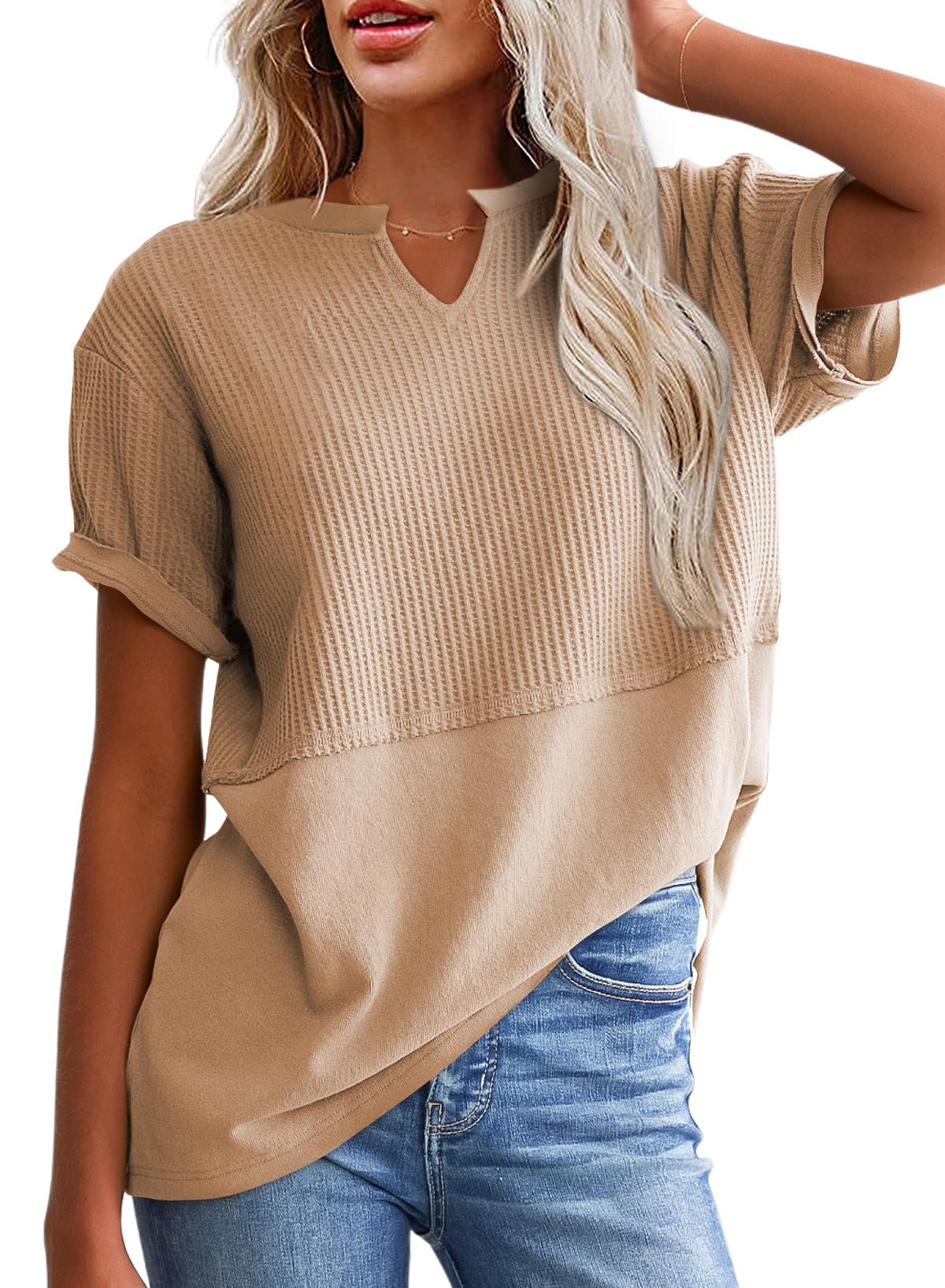 Hot Sale-Women's Casual V Neck Waffle Knit Tops Short Sleeve T Shirts
