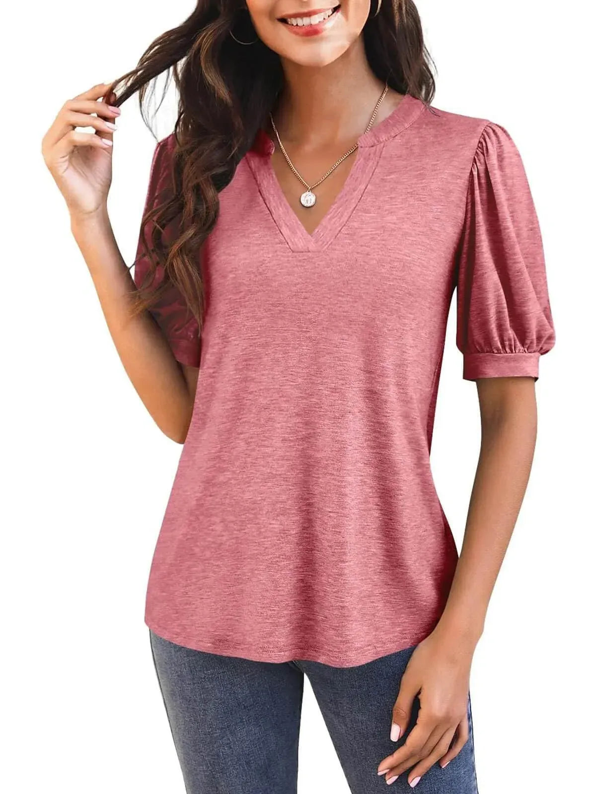 Women's Casual V-neck Solid Color Puff Sleeve Loose T-Shirt