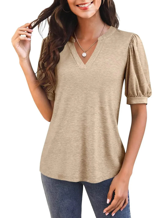 Women's Casual V-neck Solid Color Puff Sleeve Loose T-Shirt