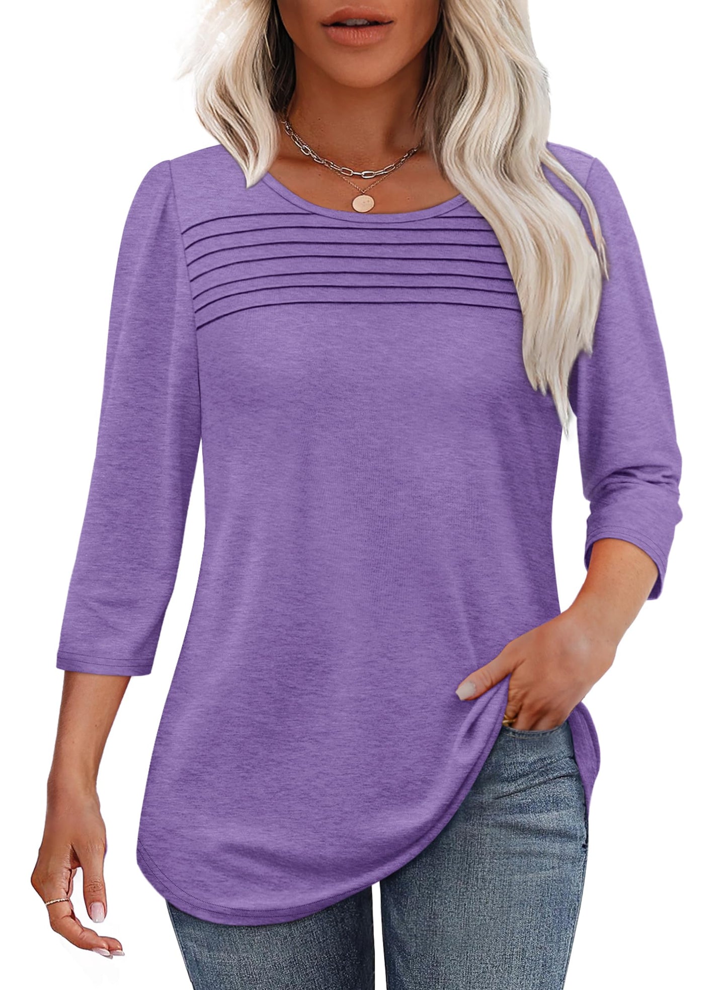 Women's 3/4 Length Sleeve Top Pleated Front T-Shirt (Buy 3 Free Shipping)