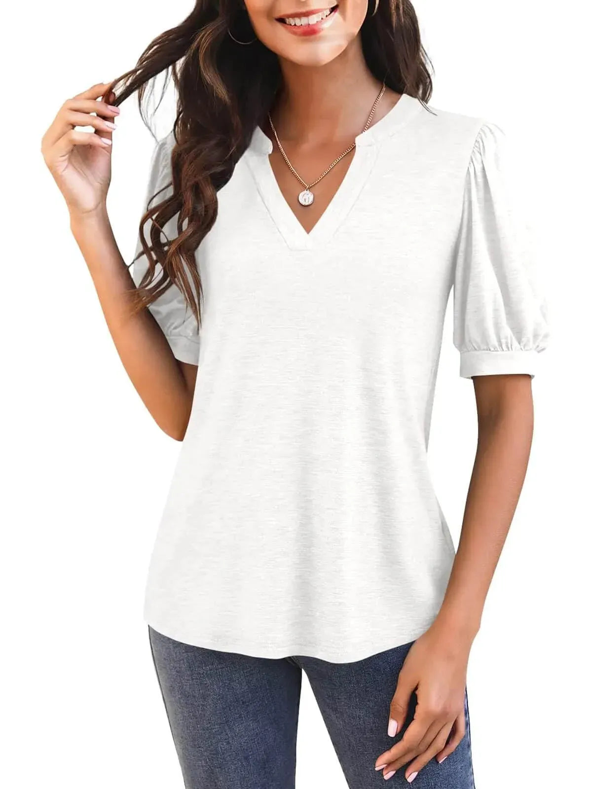 Women's Casual V-neck Solid Color Puff Sleeve Loose T-Shirt