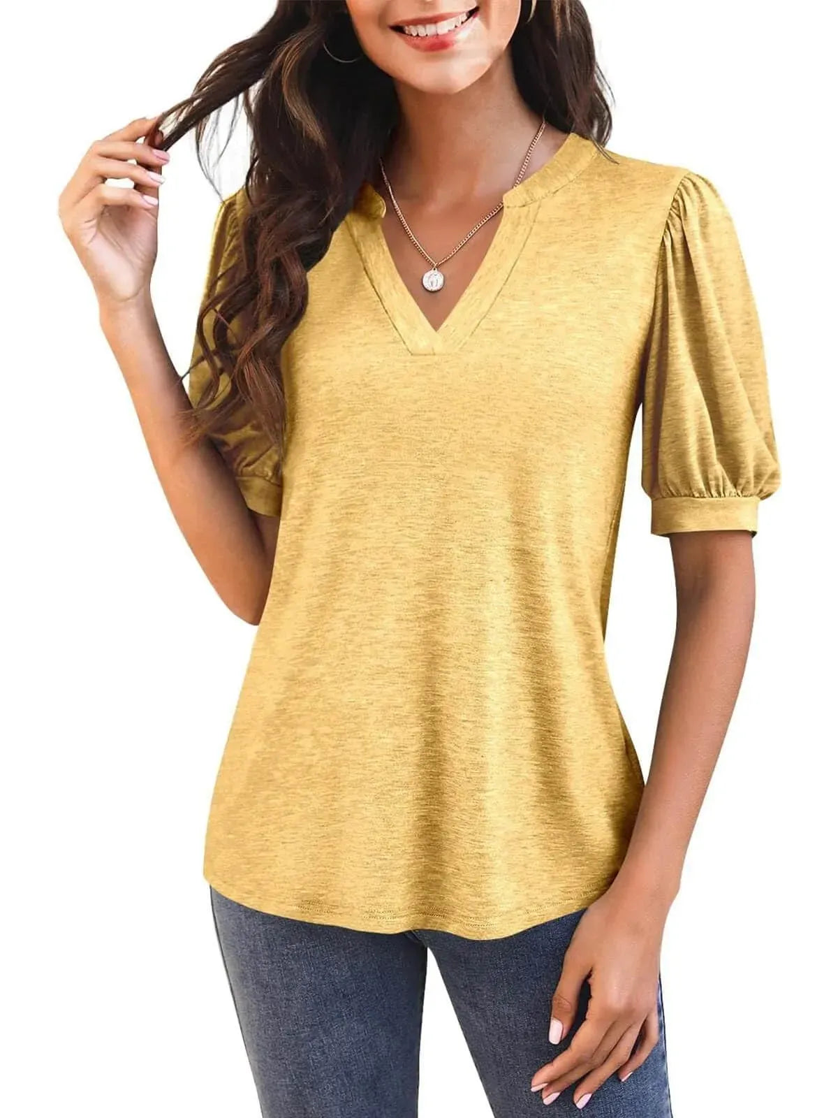 Women's Casual V-neck Solid Color Puff Sleeve Loose T-Shirt