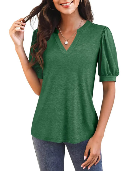 Women's Casual V-neck Solid Color Puff Sleeve Loose T-Shirt