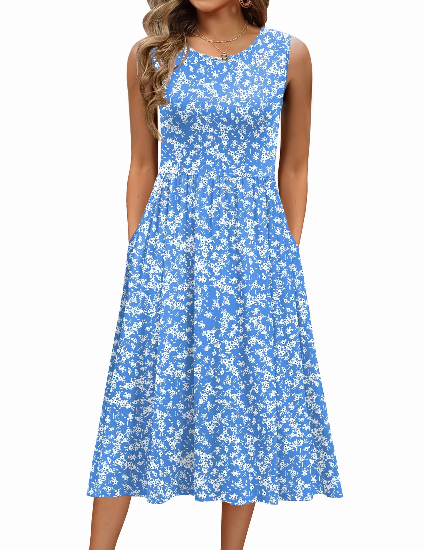 Women's Summer Floral Sleeveless A-Line Tank Midi Dress with Pockets