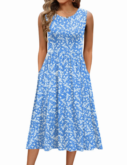 Women's Summer Floral Sleeveless A-Line Tank Midi Dress with Pockets