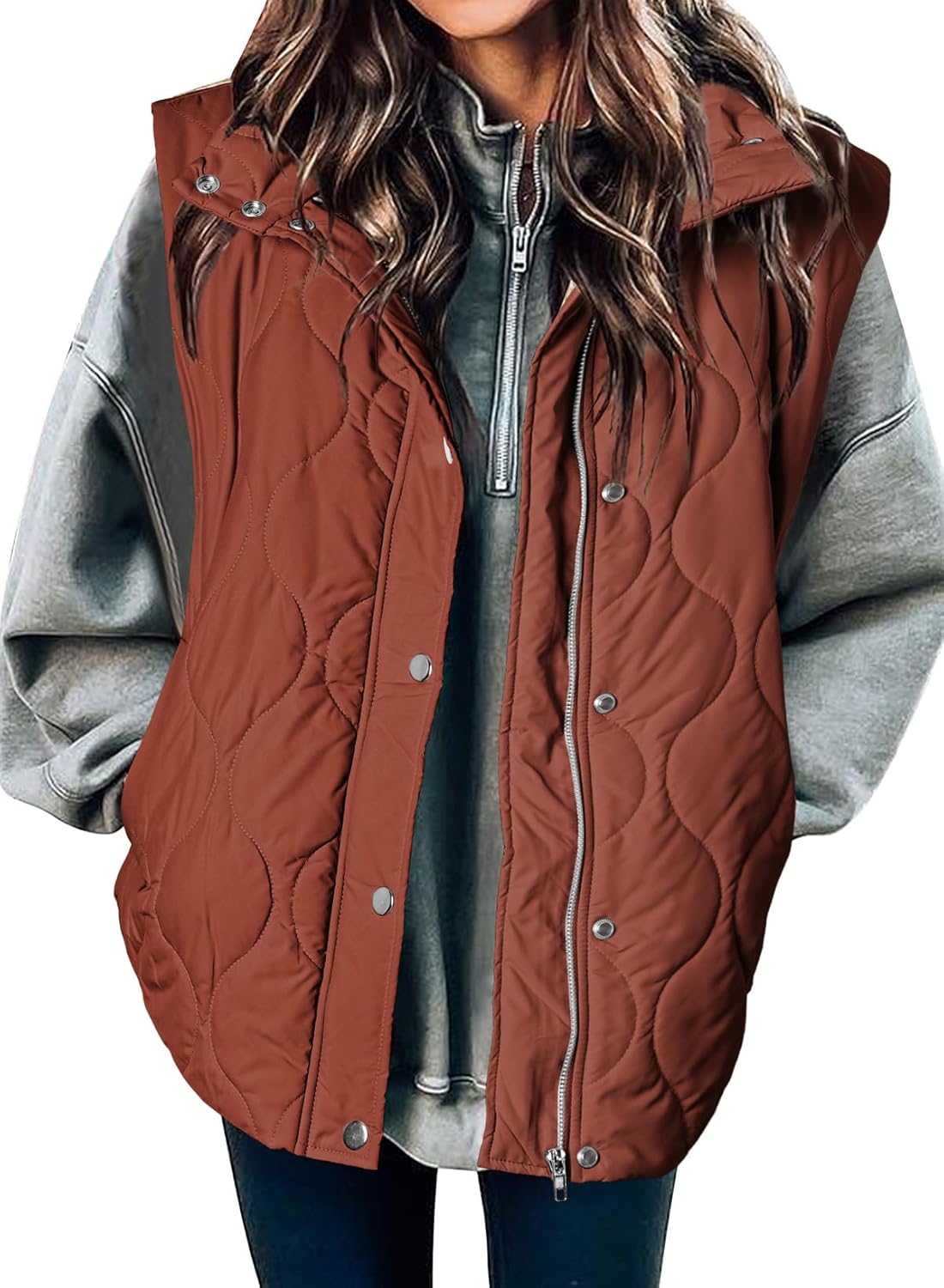 Quilted Zip Button Sleeveless Puffer Vest