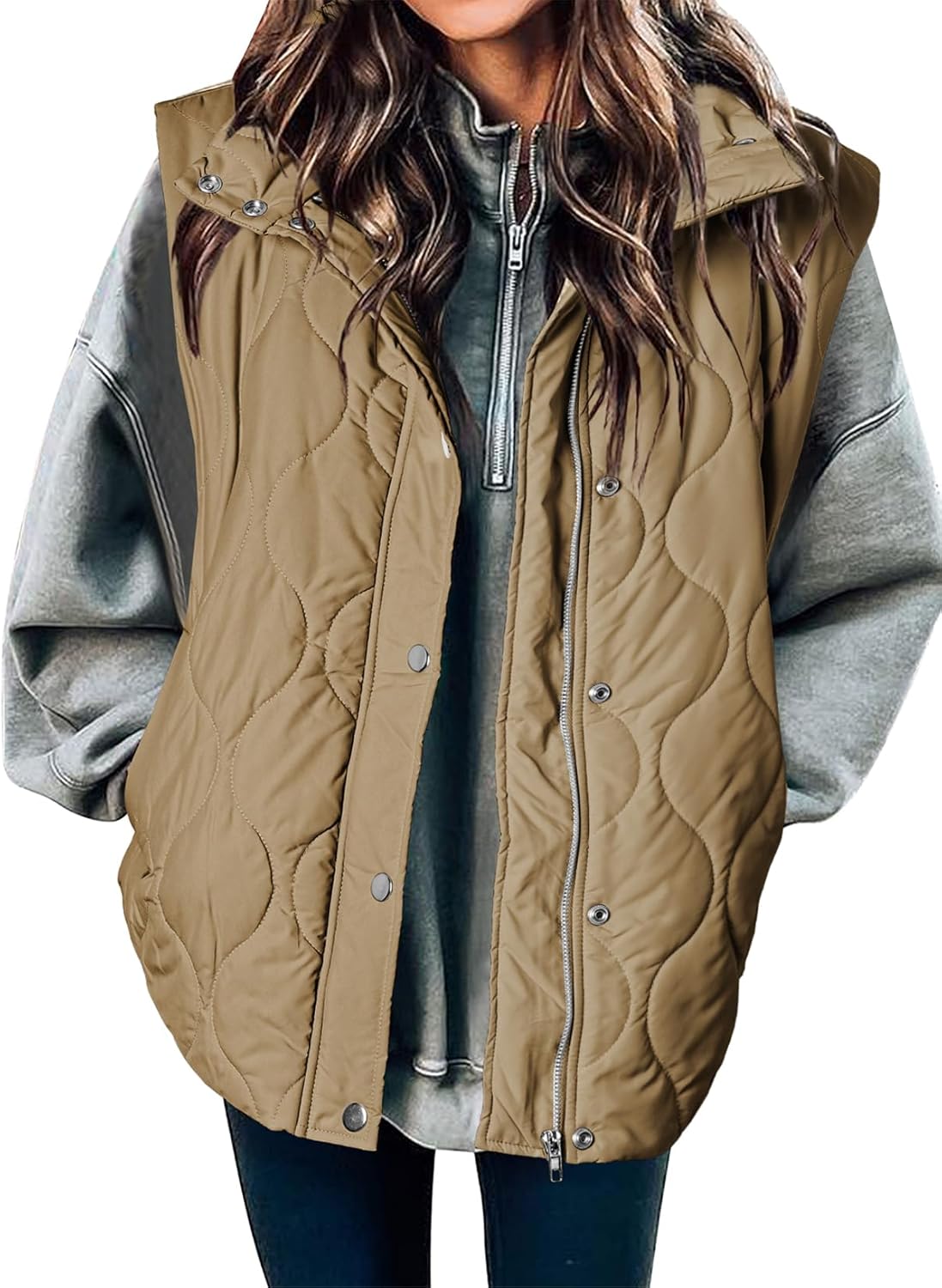 Quilted Zip Button Sleeveless Puffer Vest