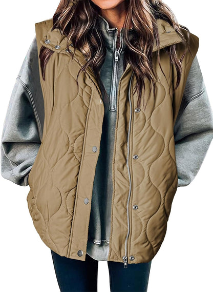 Quilted Zip Button Sleeveless Puffer Vest