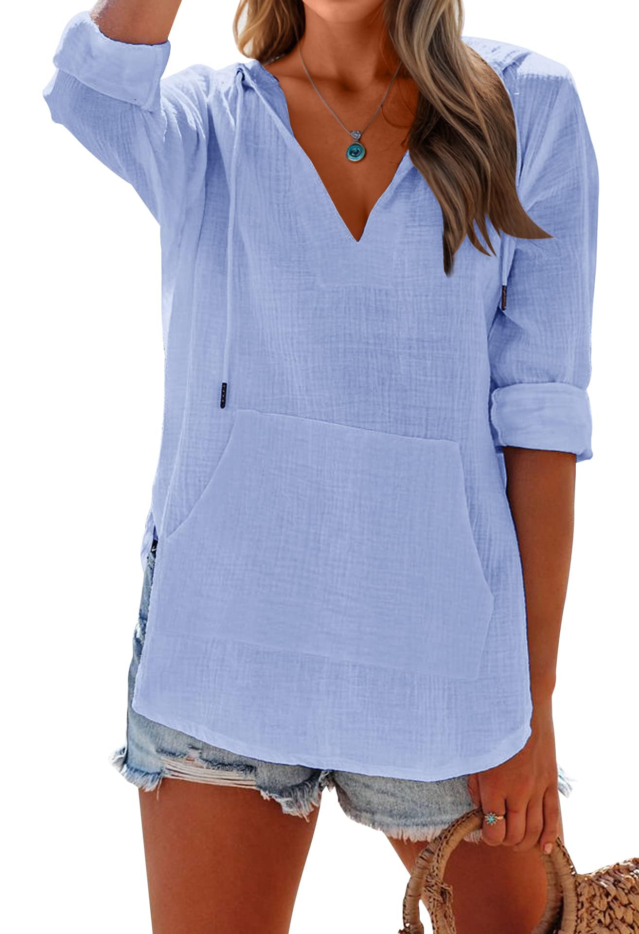 Women's Long Sleeve V Neck Pocketed Hooded Shirt Top