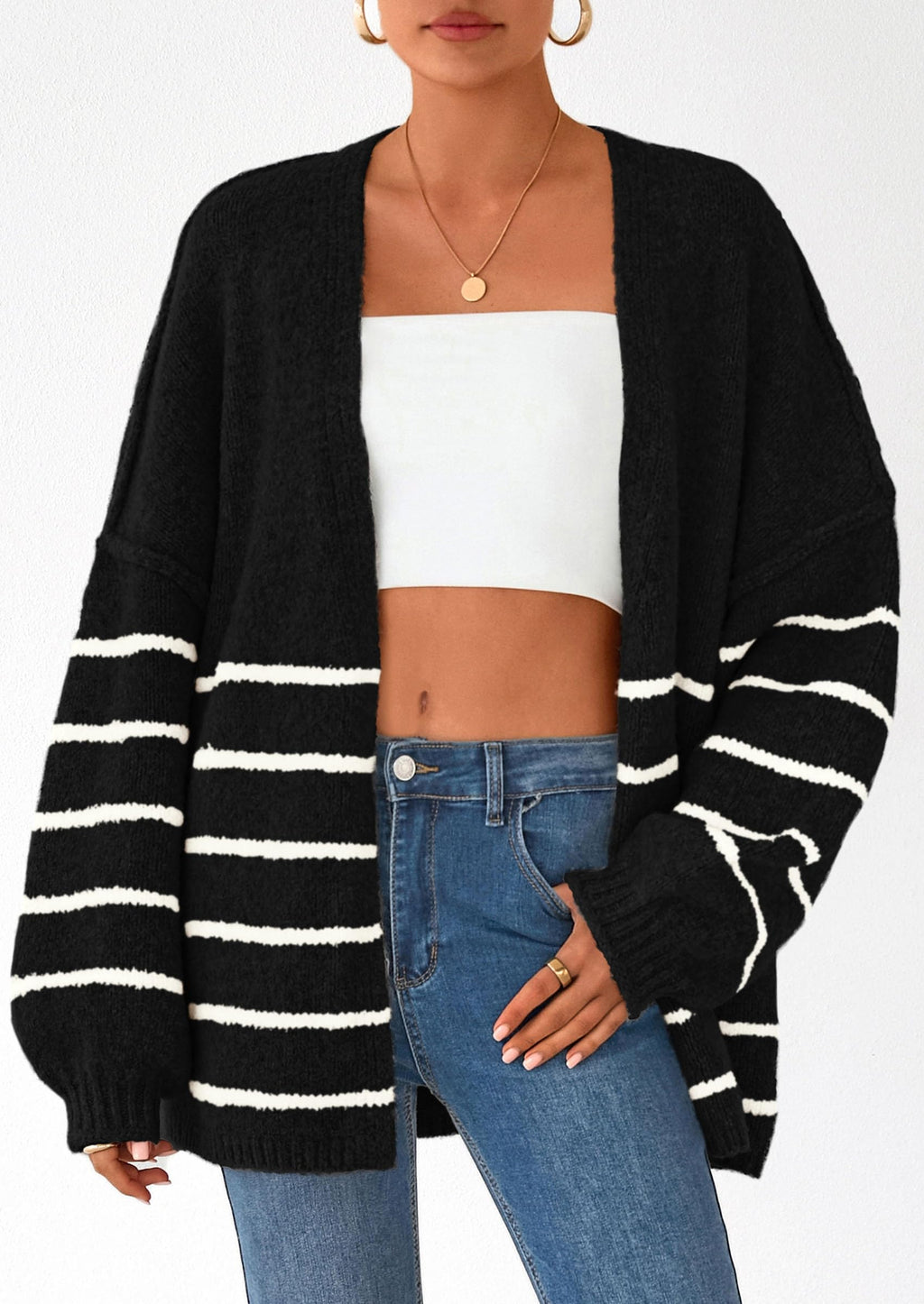 Women's Oversized Balloon Sleeve Striped Cardigan (Buy 2 Free Shipping)