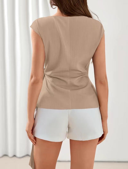 Solid Tie Waist Cap Sleeve Blouse, Elegant Crew Neck Shirt for Business Casual