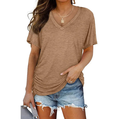 🔥WOMEN'S LOOSE FIT SHORT SLEEVE V NECK SHIRTS WITH SIDE SHIRRING(BUY 3 FREE SHIPPING)