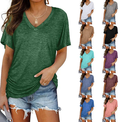 🔥WOMEN'S LOOSE FIT SHORT SLEEVE V NECK SHIRTS WITH SIDE SHIRRING(BUY 3 FREE SHIPPING)