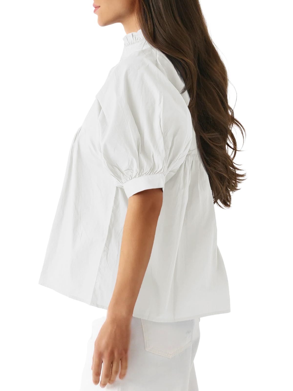 Women's Puff Sleeve V Neck Casual Pleated Tops