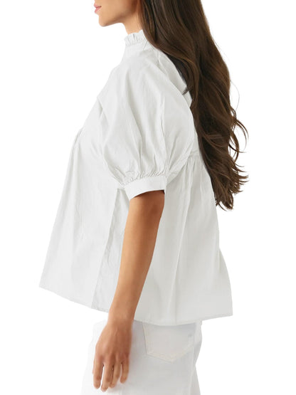 Women's Puff Sleeve V Neck Casual Pleated Tops